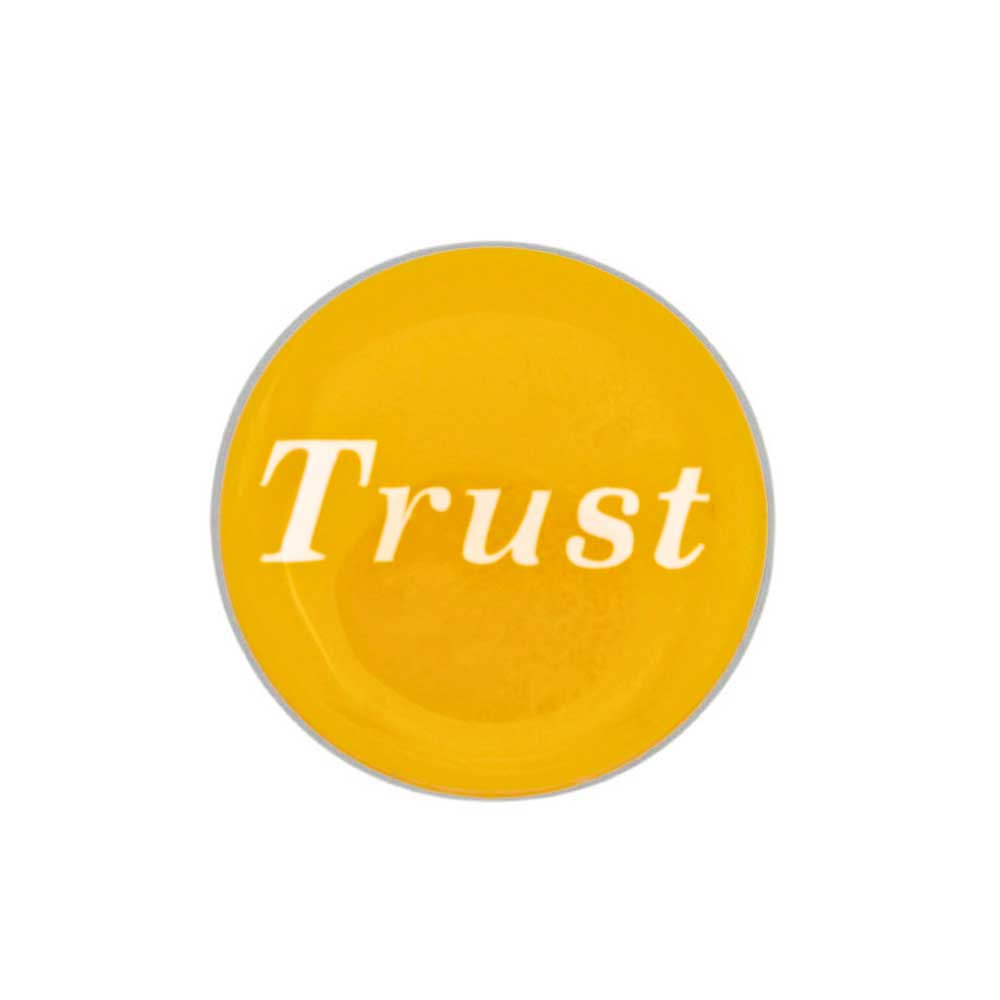Round yellow inspirational pin with Trust in white - Lilylin Designs