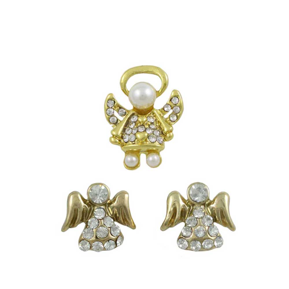 Gold Crystal Little Angel Lapel Tac Pin and Earring Set - SPF627GBS - Lilylin Designs
