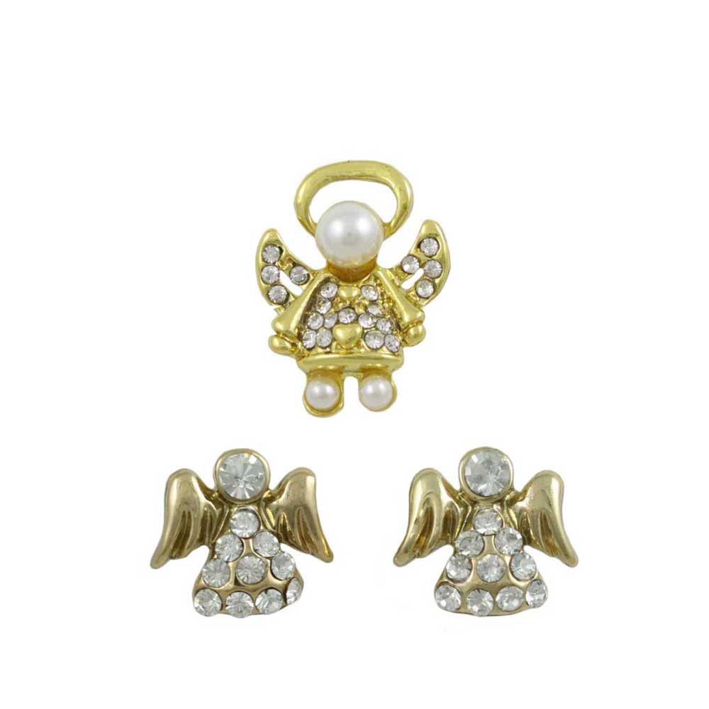 Lilylin Designs Gold Crystal Angel Lapel Tac Pin and Earring Set