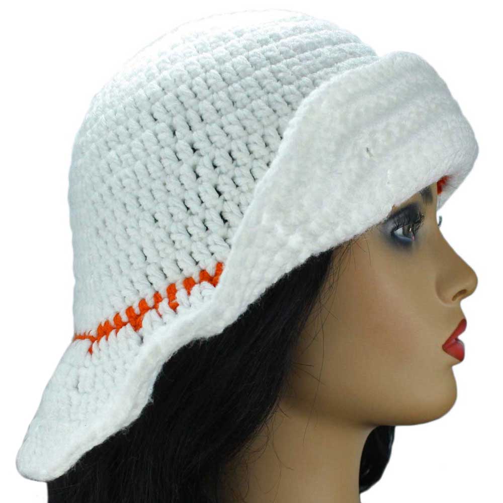 Model with Lilylin Designs White with Orange Trim Crochet Summer Hat-side