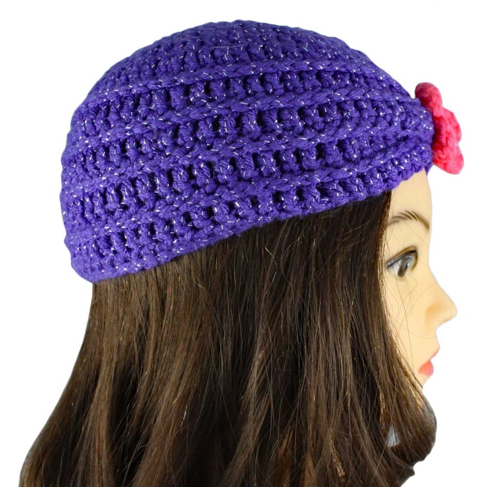 Model with Lilylin Designs Purple and Pink Princess Turban Crochet Kids Hat-side