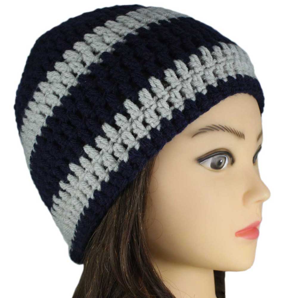 Lilylin Designs Navy Blue and Gray Crochet Beanie Hat Small/Medium-side