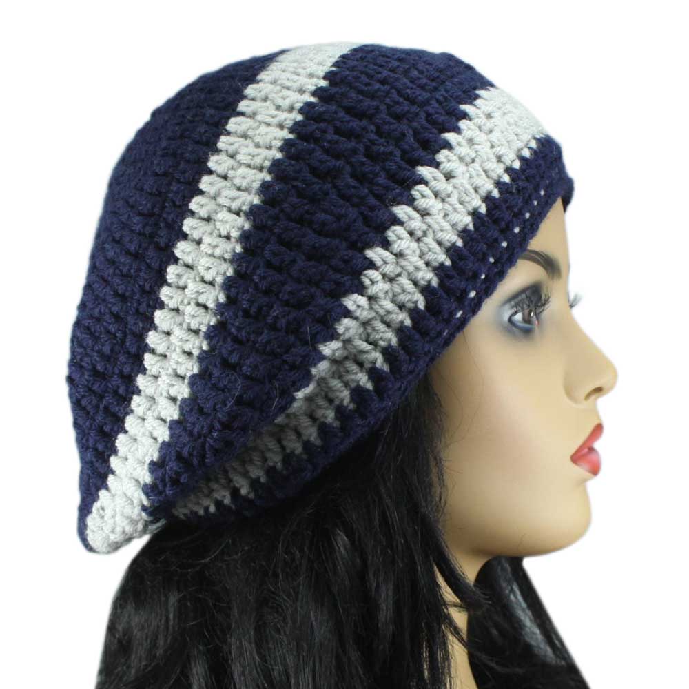Lilylin Designs Navy Blue and Gray Large/XL Crochet Slouchy Hat-side