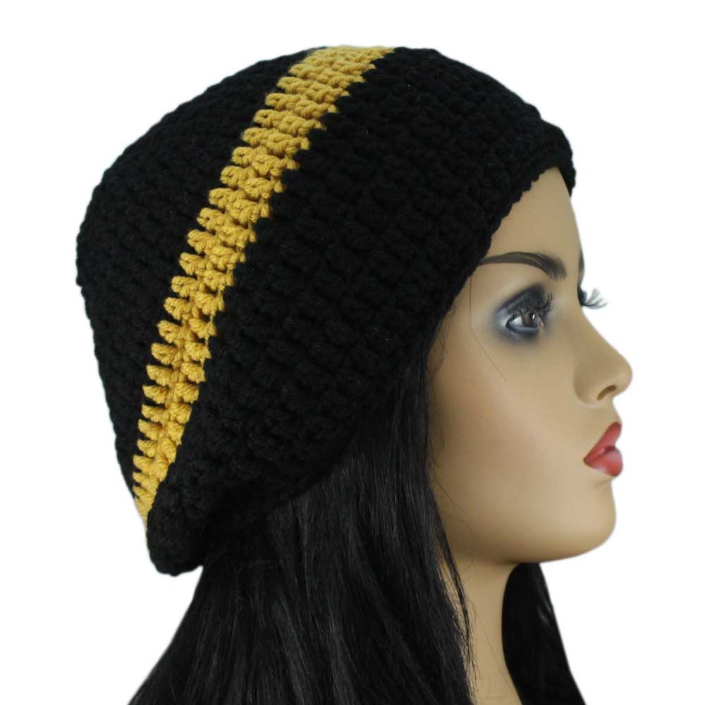 Lilylin Designs Black and Gold Crochet Beanie Hat Large/XL-side