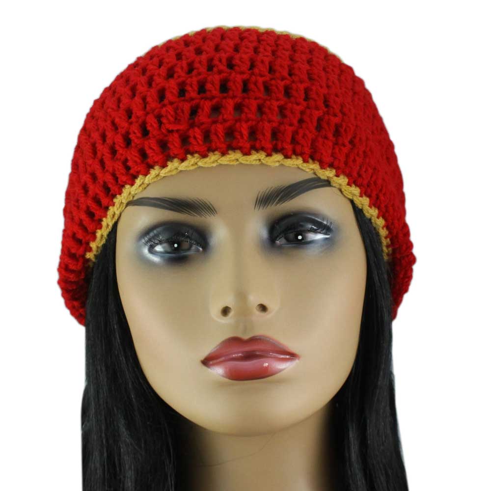 Red and Gold Crochet Beanie Hat Large/XL - STXH21LX - Lilylin Designs