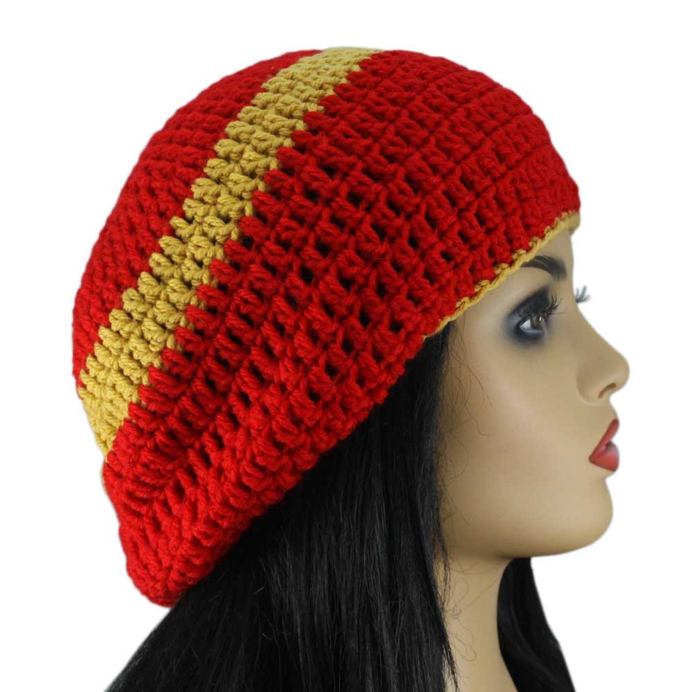 Red and Gold Crochet Beanie Hat Large/XL - STXH21LX - Lilylin Designs