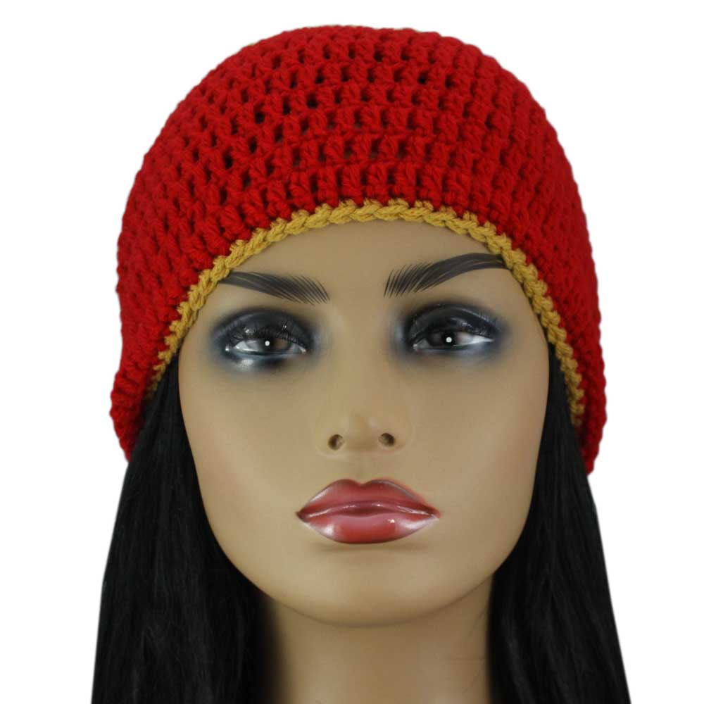 Red with Gold Top Crochet Beanie Hat Medium/Large - STXH22ML - Lilylin Designs