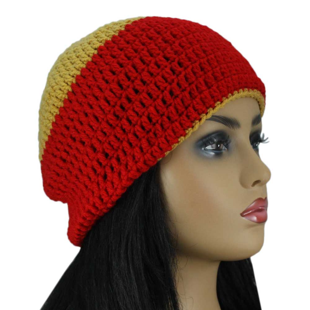 Lilylin Designs Red with Gold Top Crochet Beanie Hat Medium/Large-side