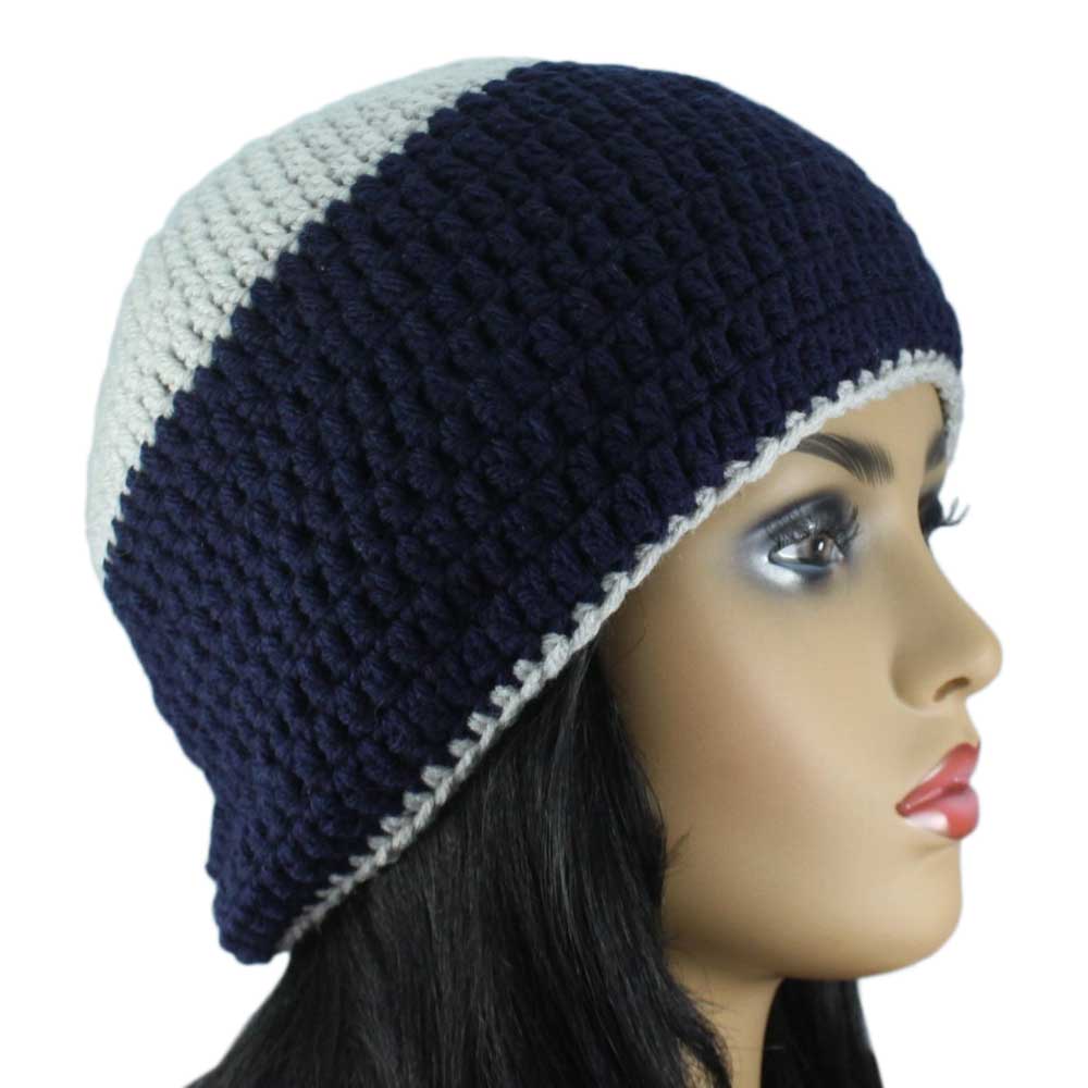 Navy Blue with Gray Top Crochet Beanie Hat Medium/Large - STXH23ML - Lilylin Designs