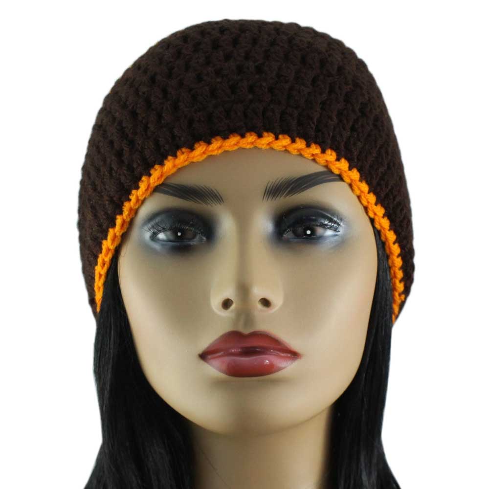 Brown with Orange Stripe Crochet Beanie Hat Medium/Large - STXH24ML - Lilylin Designs
