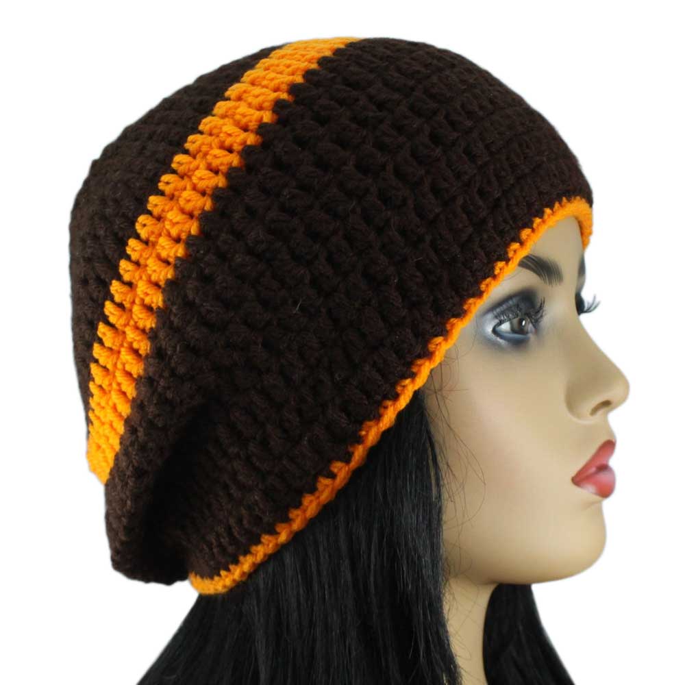 Lilylin Designs Brown with Orange Stripe Crochet Beanie Hat Med/Large-side