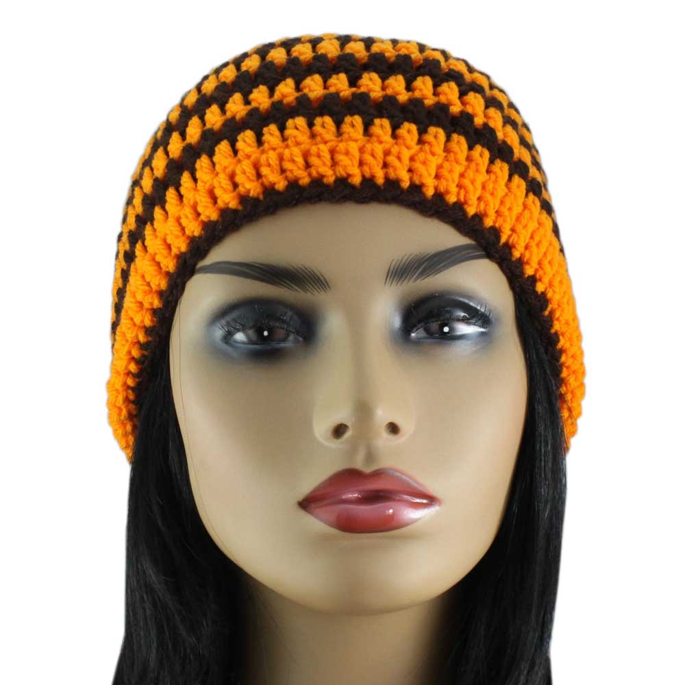 Orange with Brown Stripes Crochet Beanie Hat Medium/Large - STXH25ML - Lilylin Designs