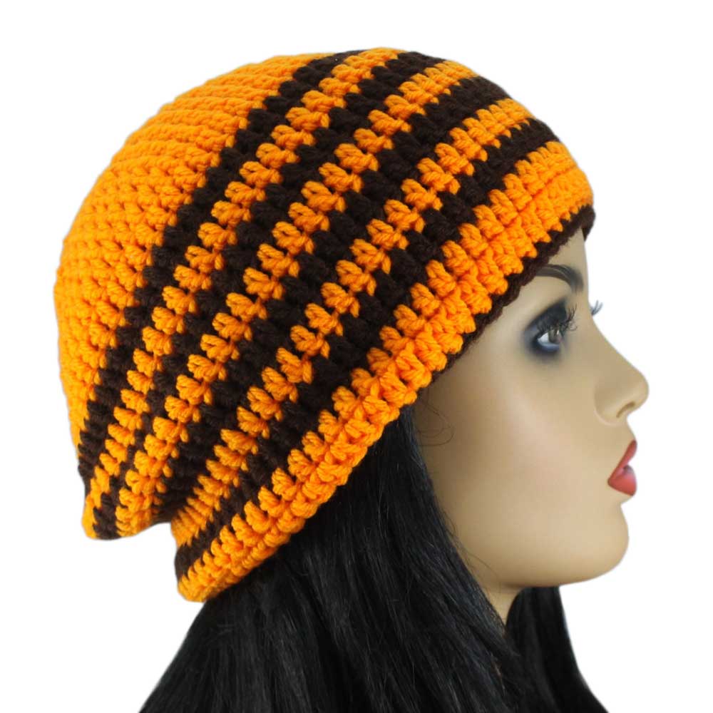 Lilylin Designs Orange with Brown Stripes Crochet Beanie Hat Med/Large-side