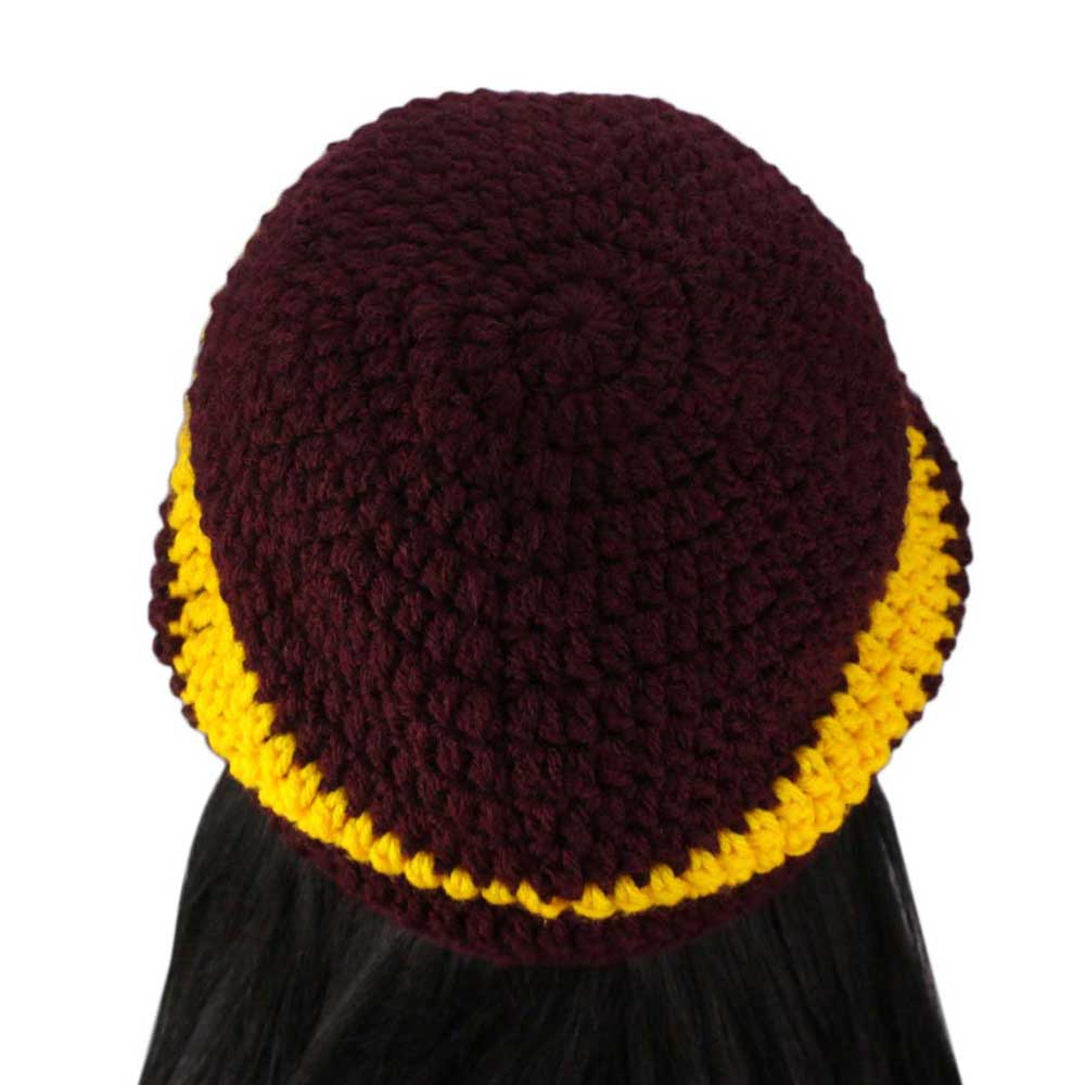 Burgundy with Yellow Stripe Crochet Beanie Hat Medium/Large - STXH26ML - Lilylin Designs