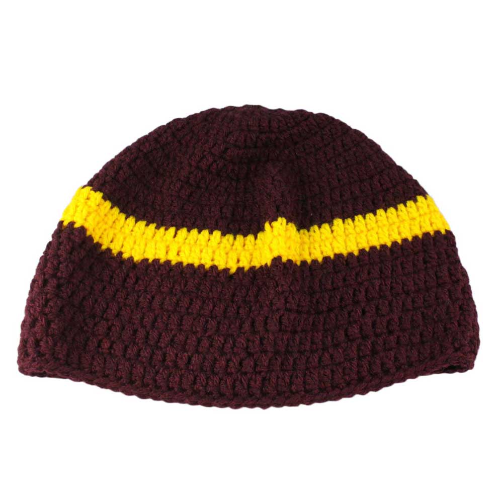 Burgundy with Yellow Stripe Crochet Beanie Hat Medium/Large - STXH26ML - Lilylin Designs