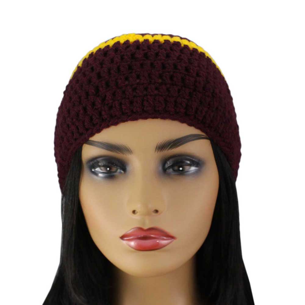 Burgundy with Yellow Stripe Crochet Beanie Hat Medium/Large - STXH26ML - Lilylin Designs