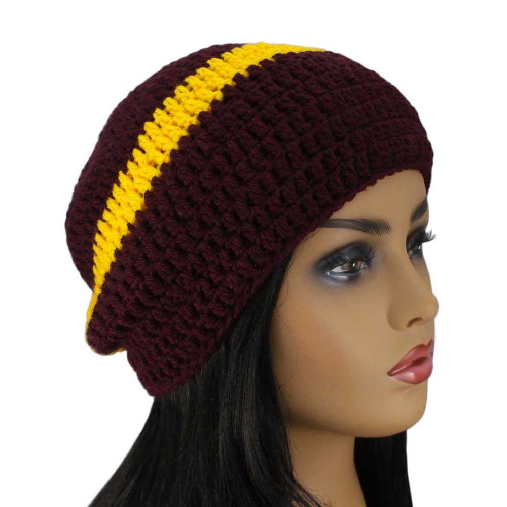 Model with Lilylin Designs Burgundy with Yellow Stripe Crochet Hat Medium/Large-side