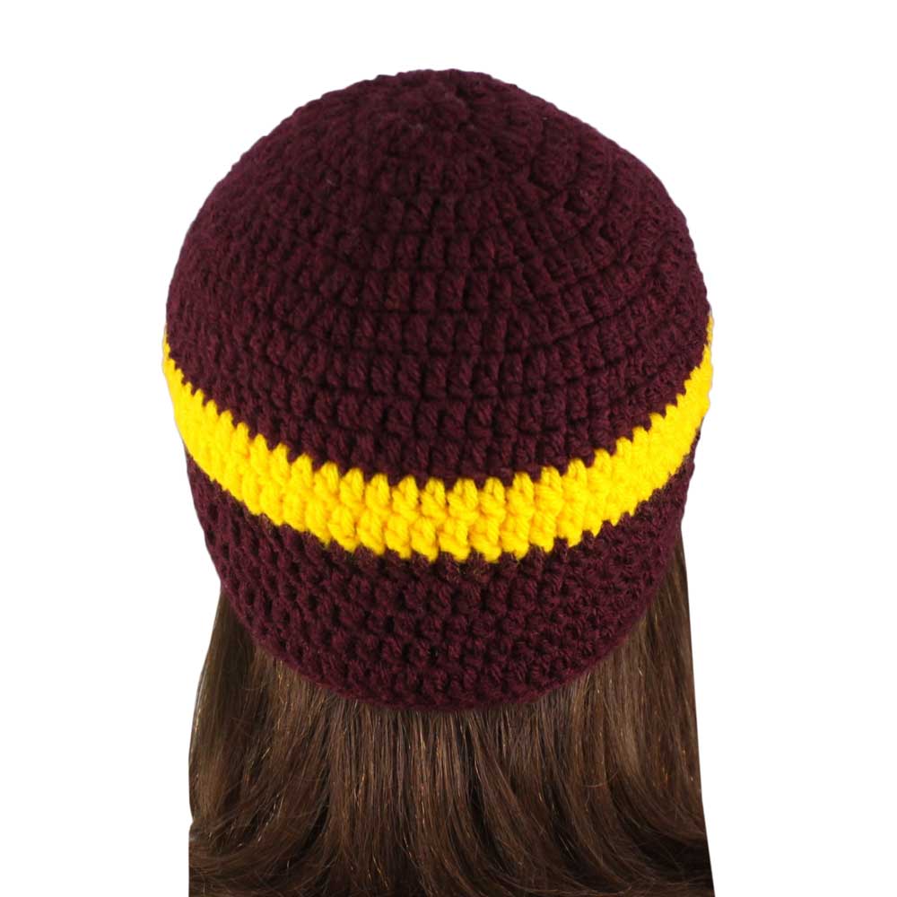 Burgundy with Yellow Stripe Crochet Beanie Hat Small/Med - STXH26SM - Lilylin Designs