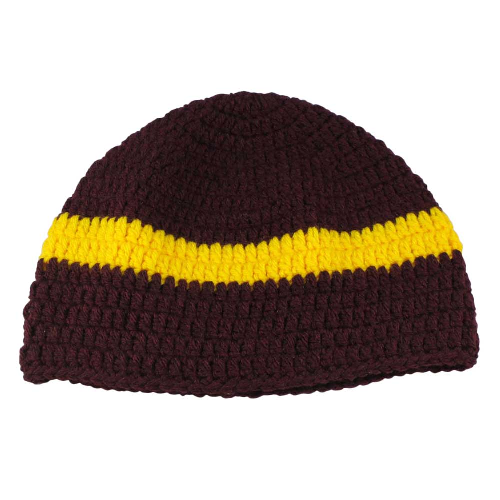 Burgundy with Yellow Stripe Crochet Beanie Hat Small/Med - STXH26SM - Lilylin Designs