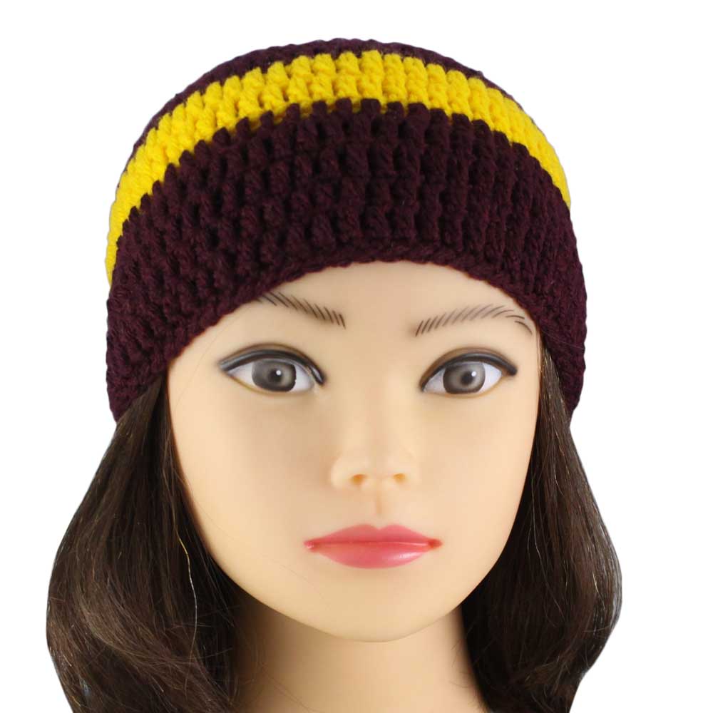 Burgundy with Yellow Stripe Crochet Beanie Hat Small/Med - STXH26SM - Lilylin Designs