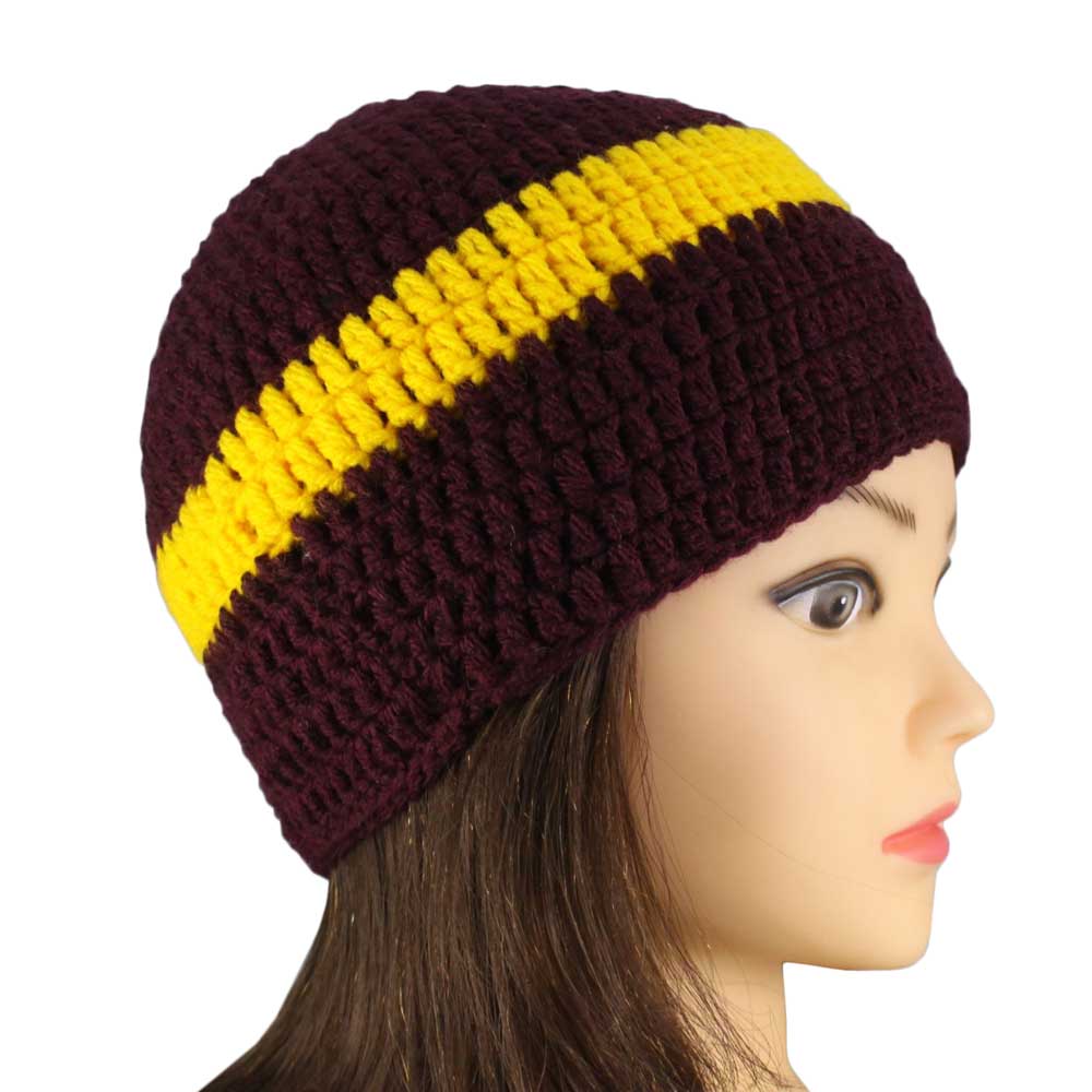 Burgundy with Yellow Stripe Crochet Beanie Hat Small/Med - STXH26SM - Lilylin Designs