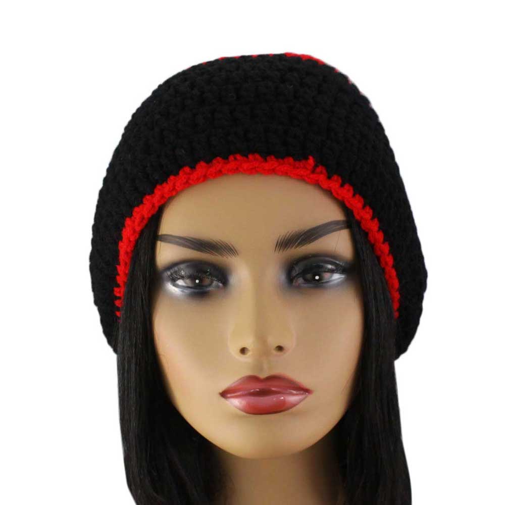 Black with Red Stripe Crochet Beanie Hat Large/Extra Large - STXH27LX - Lilylin Designs