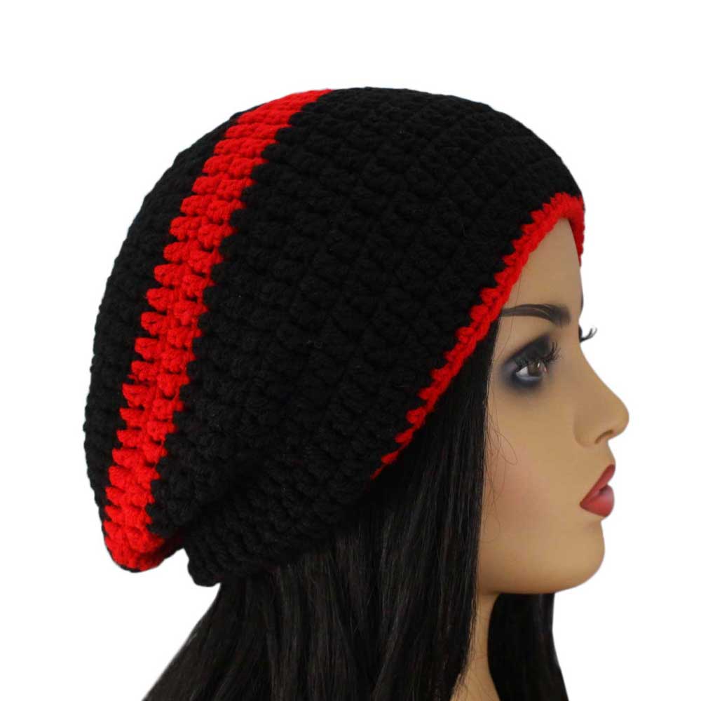 Model with Lilylin Designs Black with Red Stripe Crochet Beanie Hat Large/XL-side