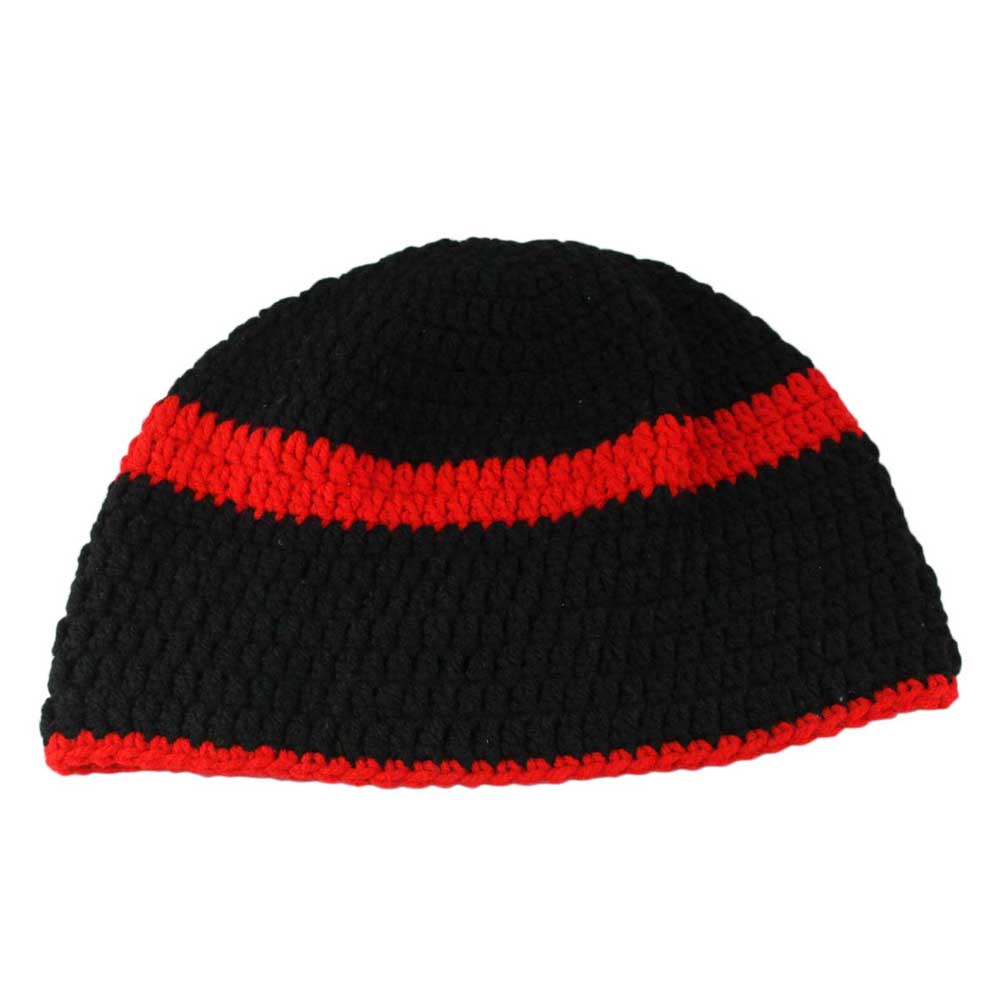 Lilylin Designs Black with Red Stripe Crochet Beanie Hat Medium/Large