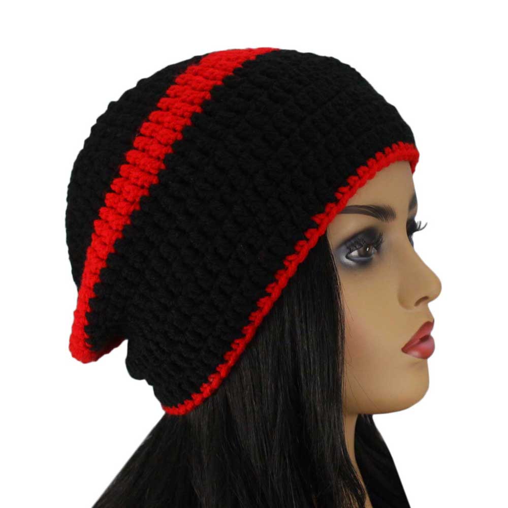 Model with Lilylin Designs Black with Red Stripe Crochet Beanie Hat Medium/Large-side