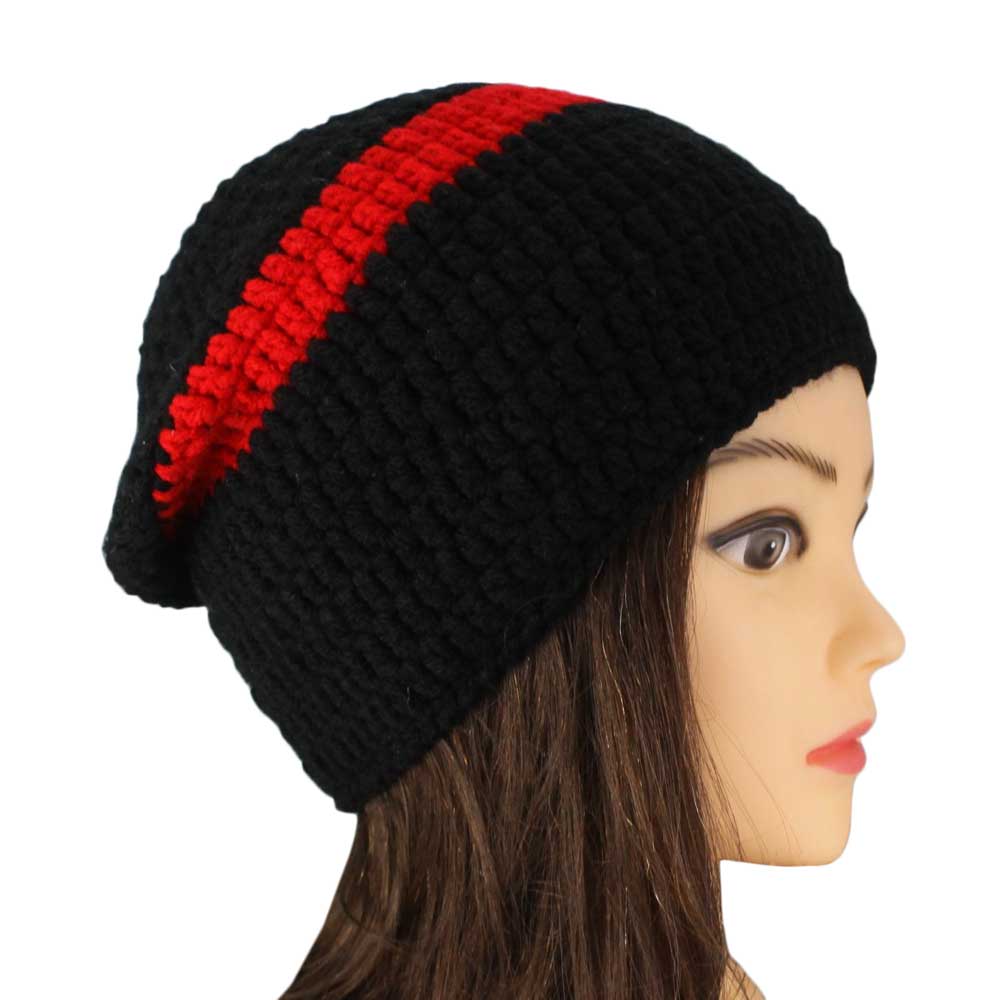 Black with Red Stripe Crochet Beanie Hat Small/Medium - STXH28SM - Lilylin Designs