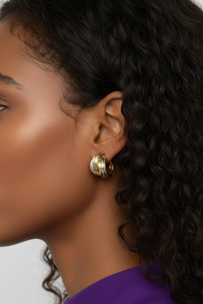 Model wearing gold and silver semi hoop clip earring - - Lilylin Designs