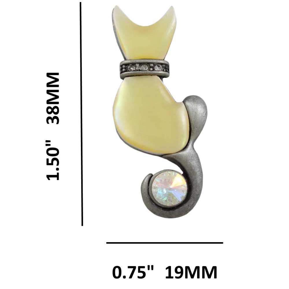 Pewter Mother of Pearl Shell Cat Brooch Pin shown with measurements - Lilylin Designs