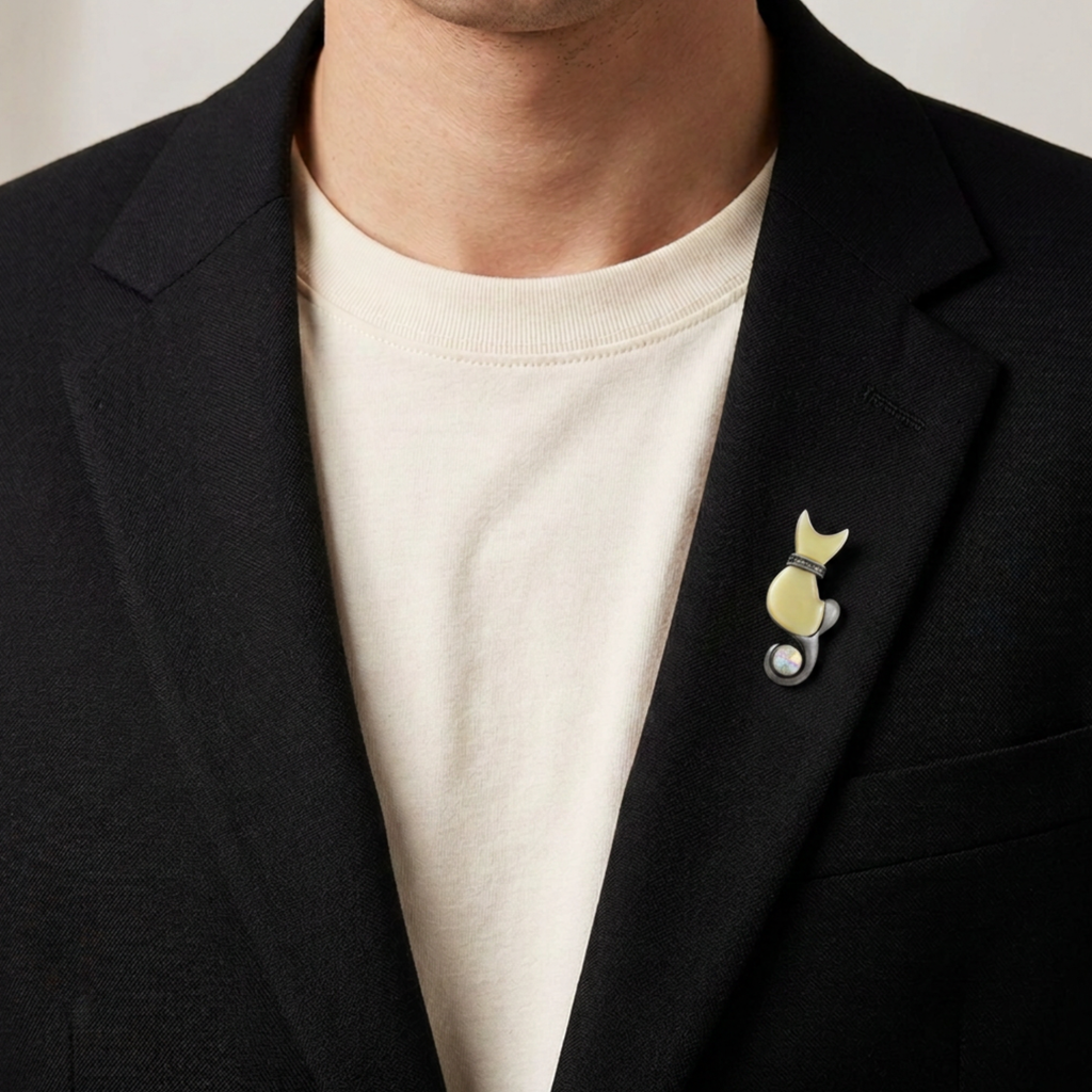 Pewter Mother of Pearl Shell Cat Brooch Pin pinned on male model black jacket lapel - Lilylin Designs