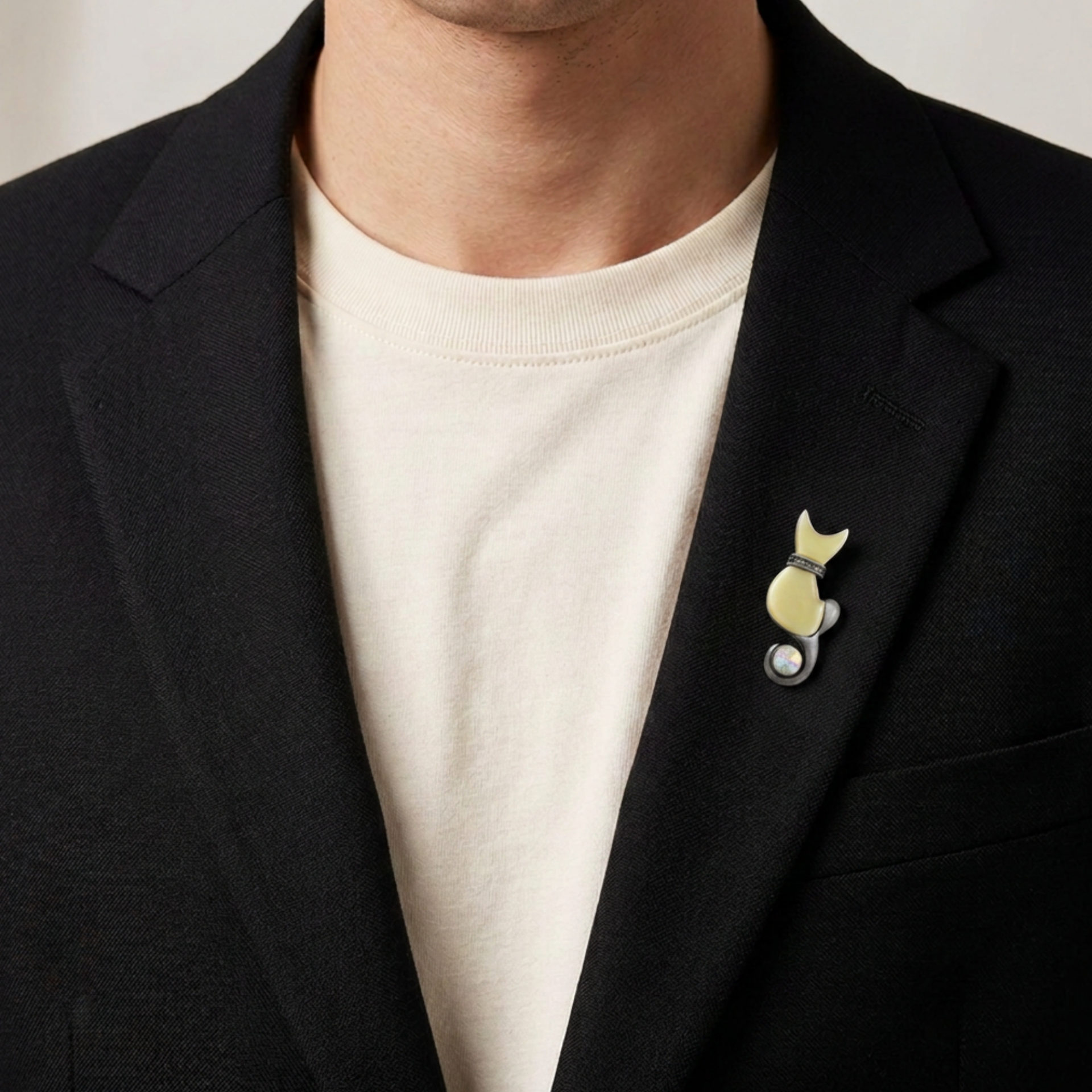 Pewter Mother of Pearl Shell Cat Brooch Pin pinned on male model black jacket lapel - Lilylin Designs