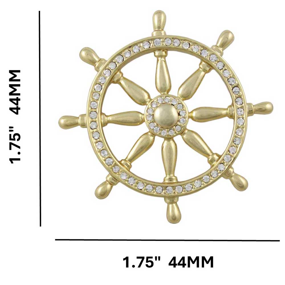 Gold Crystal Ship's Wheel Brooch Pin with measurements - Lilylin Designs