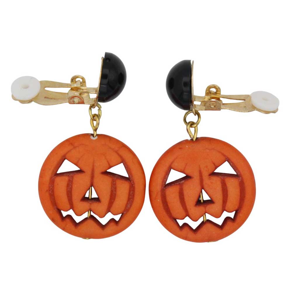 Side view of black and orange jack o lantern earring shown on a white background - Lilylin Designs