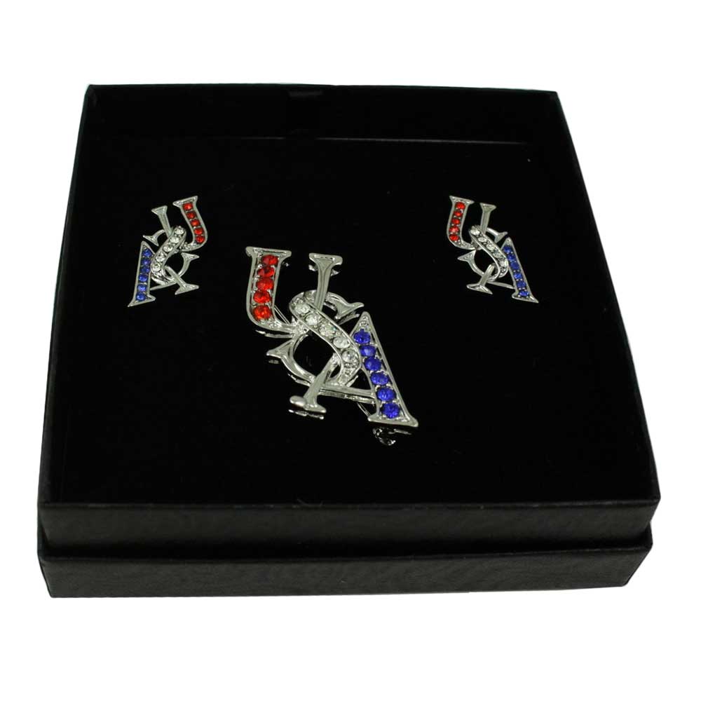 Silver Crystal USA Patriotic Brooch Pin and Earring Set - PRF304SBS - Lilylin Designs