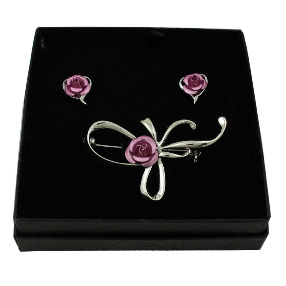 Bow with Pink Rose Pin and Pink Rose Stud Earring Set - PRL132BS - Lilylin Designs