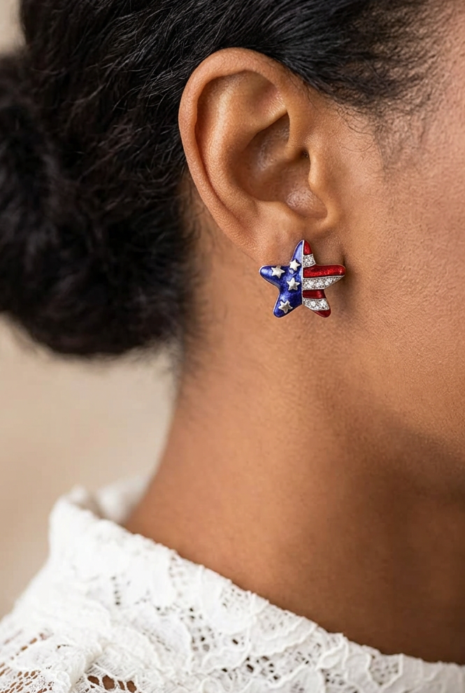 Model wearing silver patriotic star stud earring - Lilylin Designs
