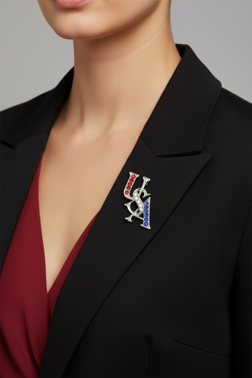 Model wearing silver USA pin on a black jacket - Lilylin Designs