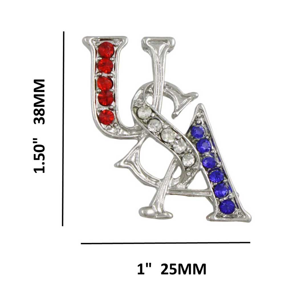 Silver Red White Blue Patriotic USA Brooch Pin with measurements - Lilylin Designs