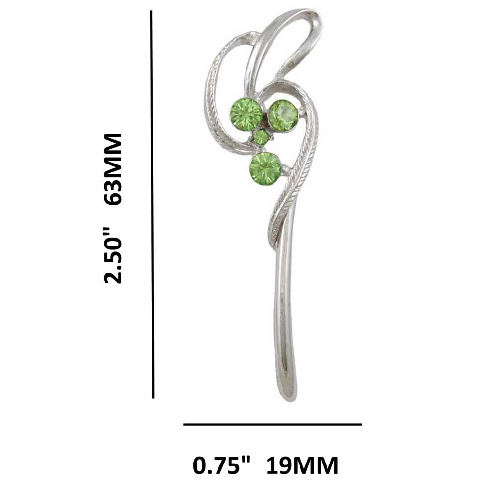 Silver Abstract Staff with Light Green Crystals Brooch Pin with measurements - Lilylin Designs