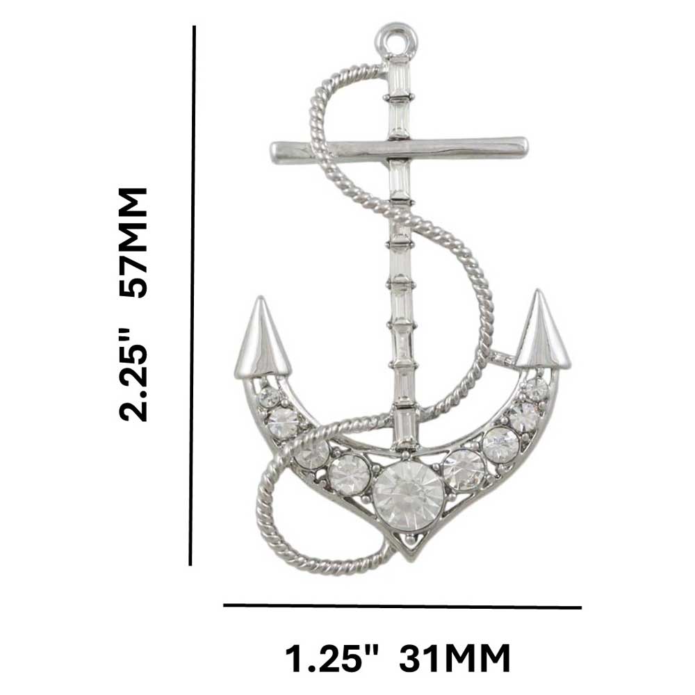 Silver Crystal Anchor with Clear Baguettes Brooch Pin with measurements - Lilylin Designs