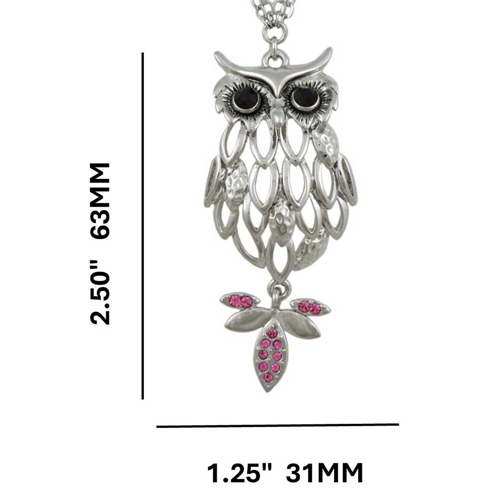 Silver Owl with Large Black Eyes Necklace with measurements - Lilylin Designs