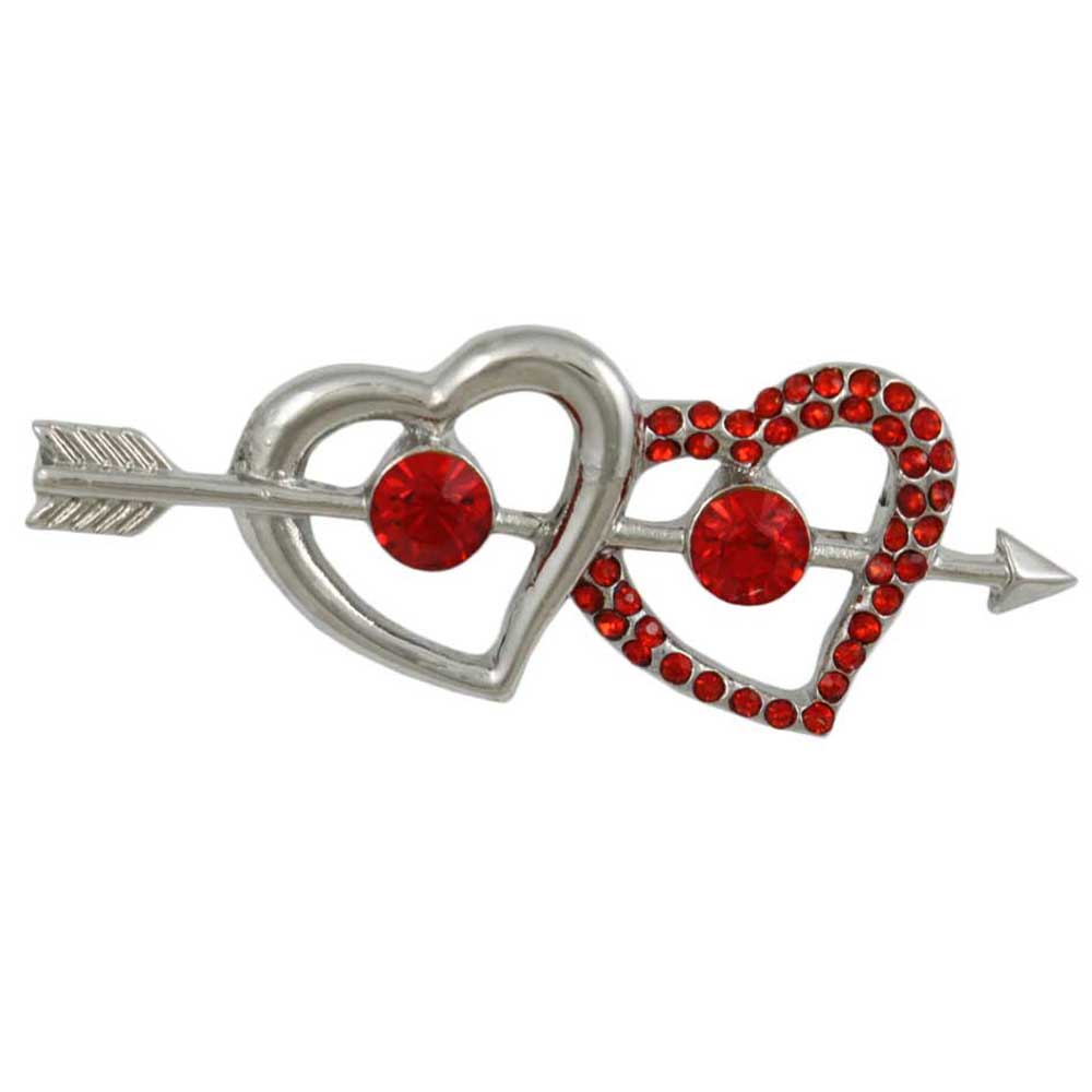 Silver and Red Crystal Hearts with an Arrow Brooch Pin - Lilylin Designs
