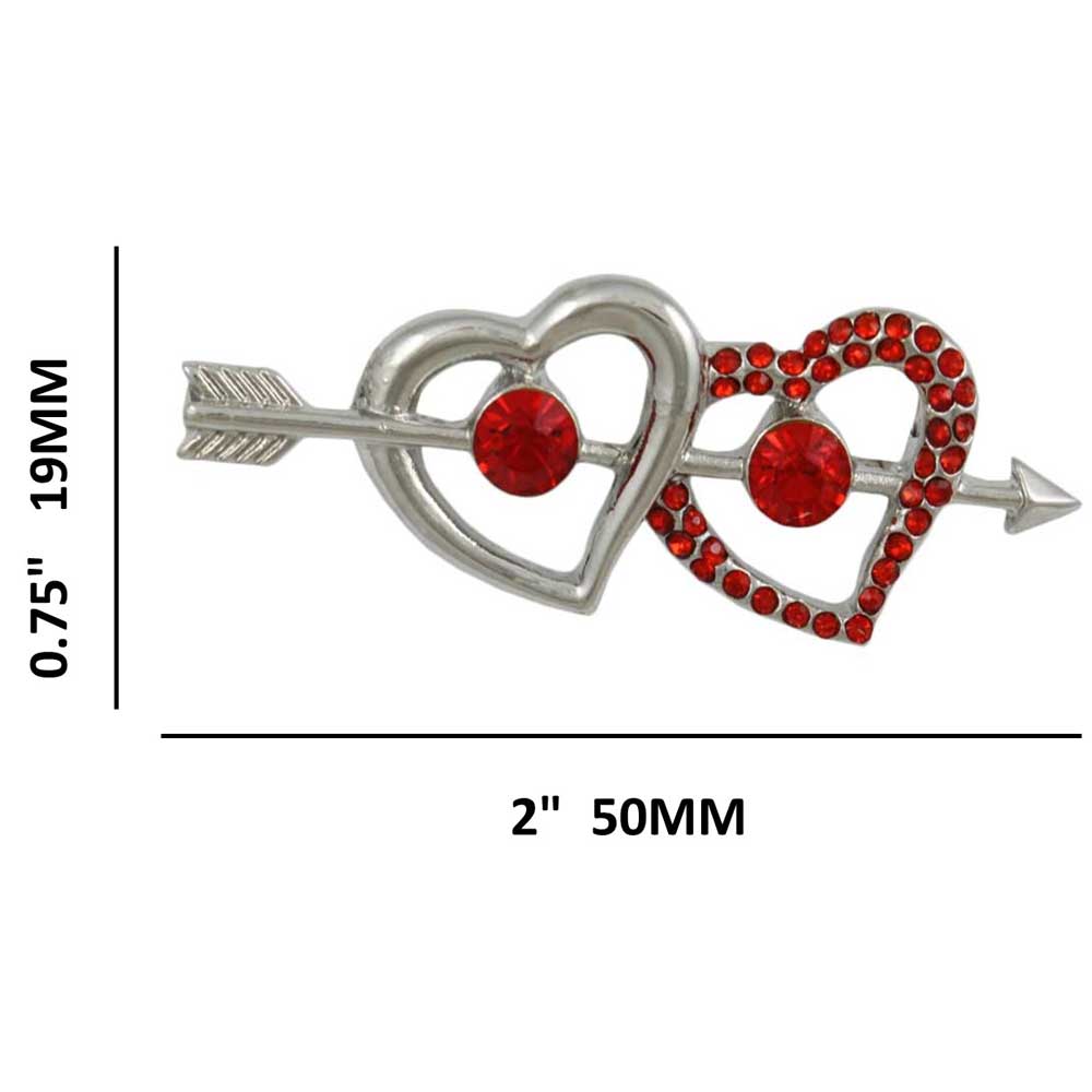 Silver and Red Crystal Hearts with an Arrow Brooch Pin shown with measurements - Lilylin Designs