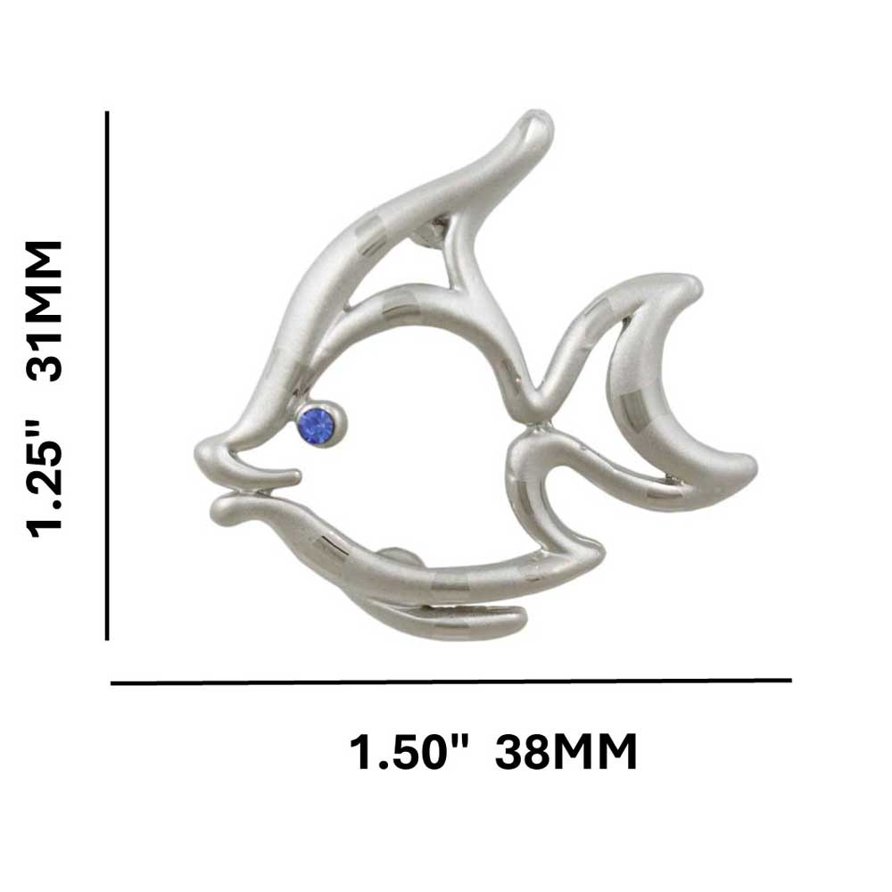 Frosted Silver Open Fish with Blue Eye Brooch Pin shown with measurements - Lilylin Designs