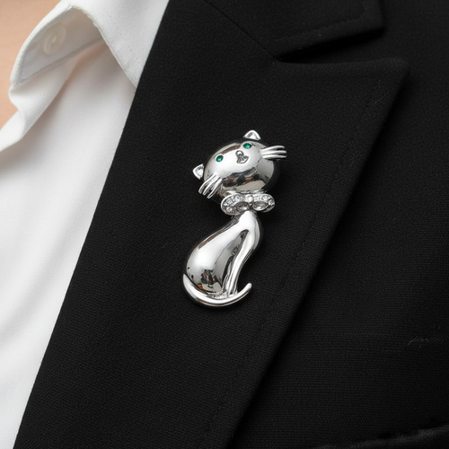 Silver big head cat pin on black jacket lapel - Lilylin Designs