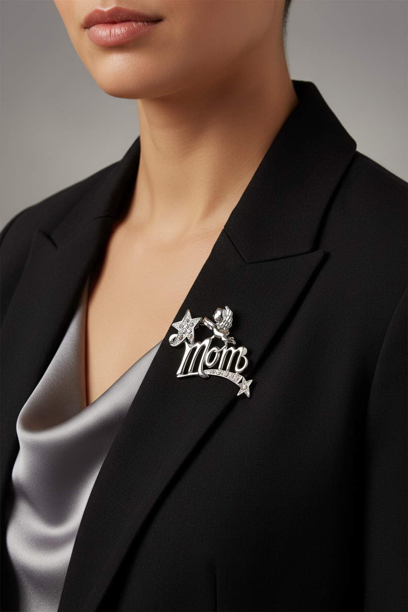 Model wearing silver cherub mom pin on a black jacket - Lilylin Designs