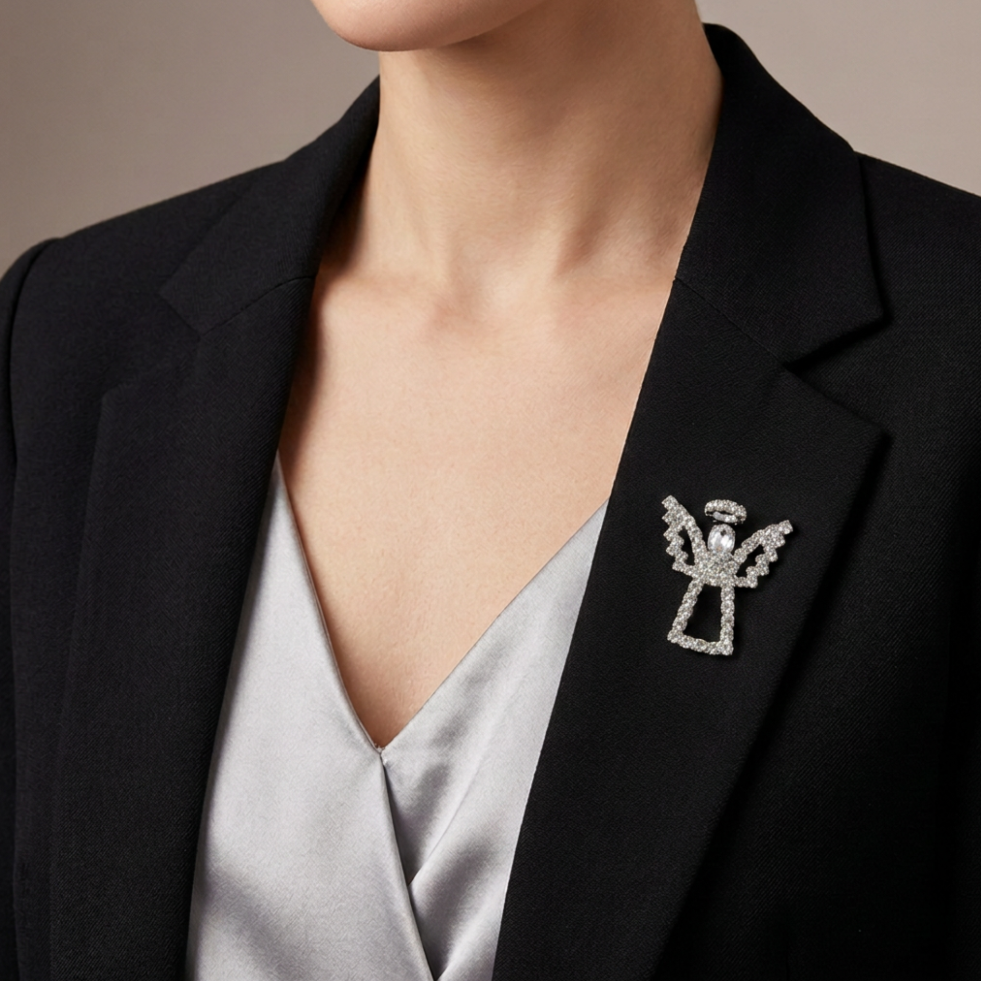 Model wearing Silver Sparkling Crystal Angel with Halo Brooch Pin - Lilylin Designs